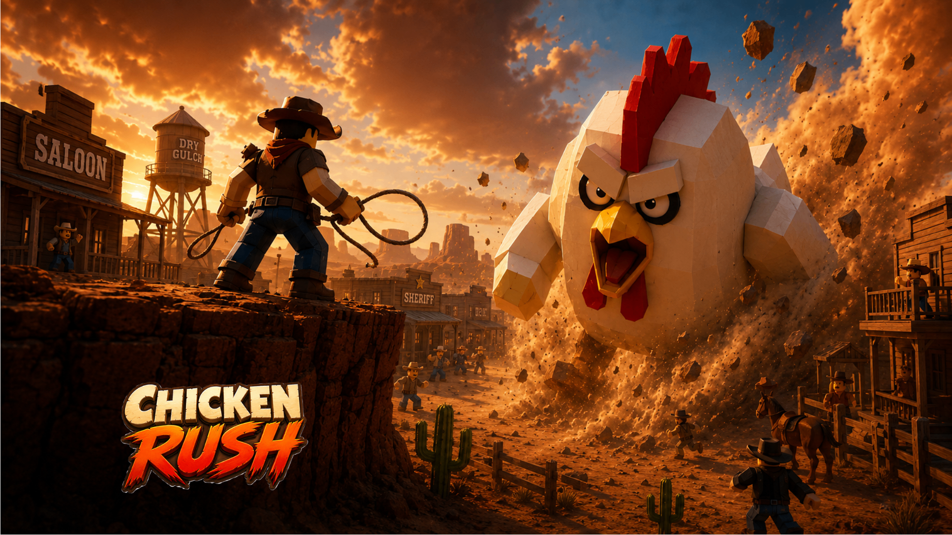 A cowboy faces off against a colossal chicken stomping through a frontier town