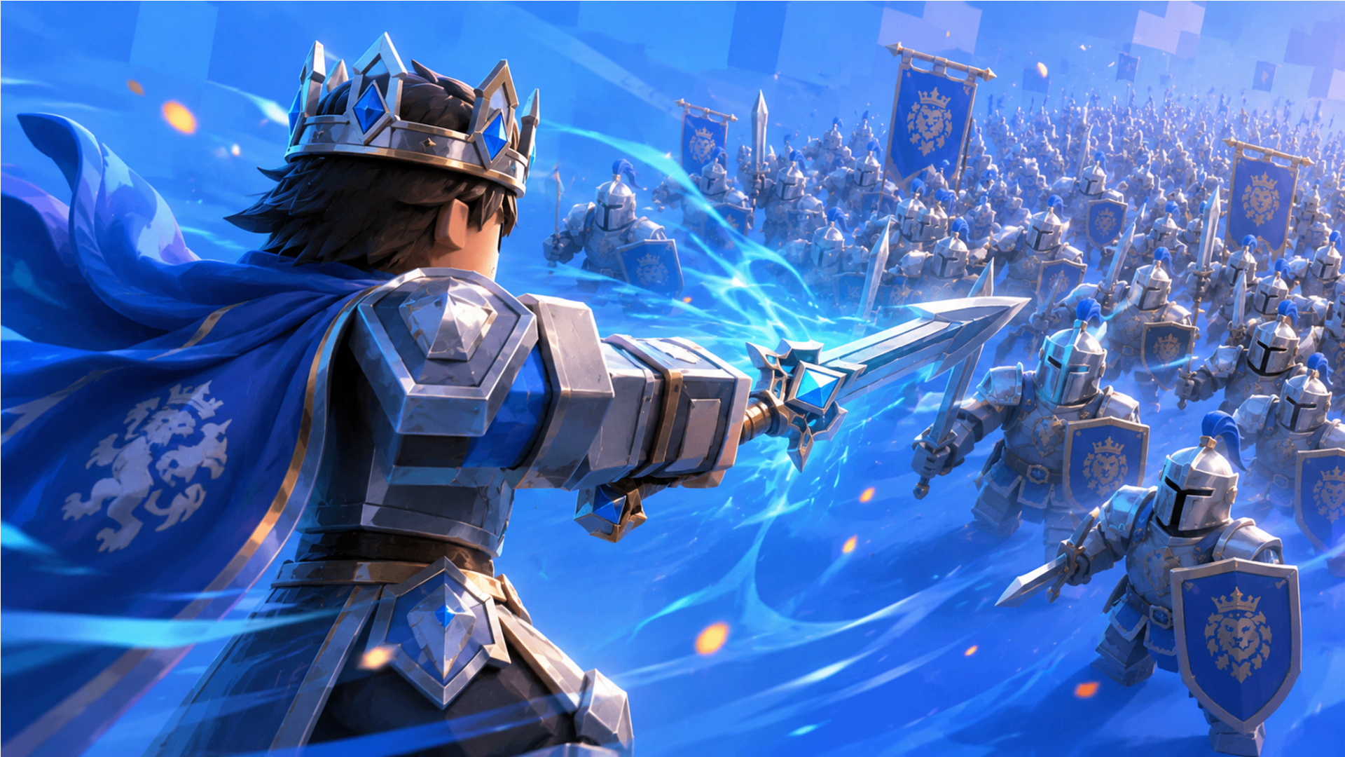 A king raises a glowing sword before a legion of blue-armored knights