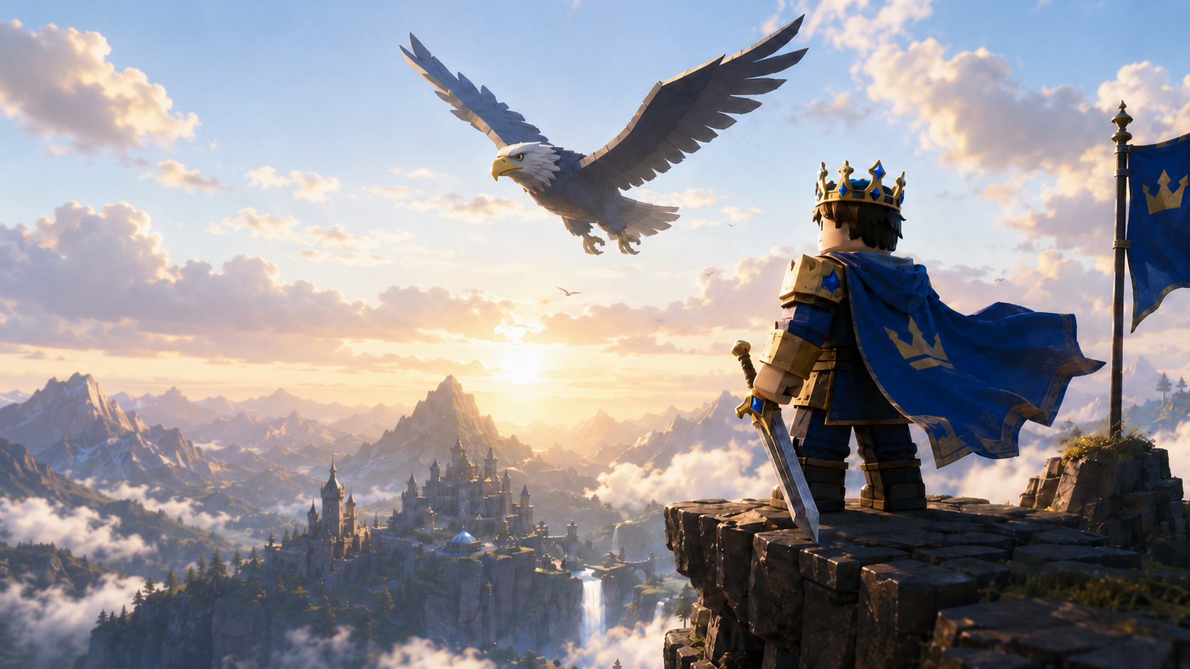 A crowned hero and eagle overlook a vast fantasy kingdom at sunset